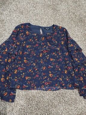 Madewell Navy Floral Tiered Ruffle Sleeve Top